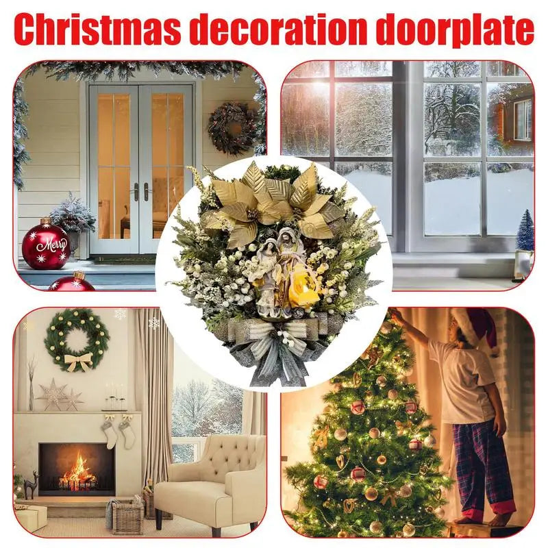 Grinalda iluminada de Natal com luzes, guirlanda do presépio, sagrada família, decoração de porta para casa, inverno, 40 cm, 45cm