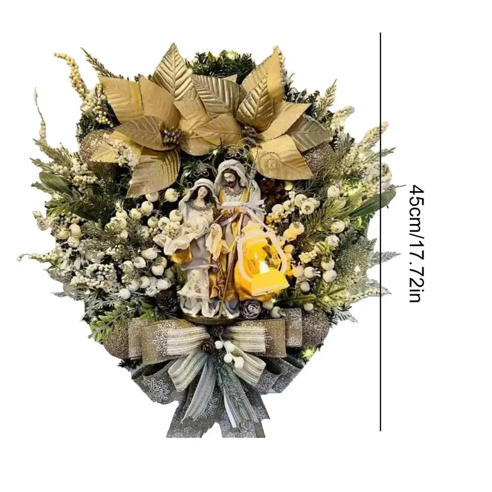 Grinalda iluminada de Natal com luzes, guirlanda do presépio, sagrada família, decoração de porta para casa, inverno, 40 cm, 45cm