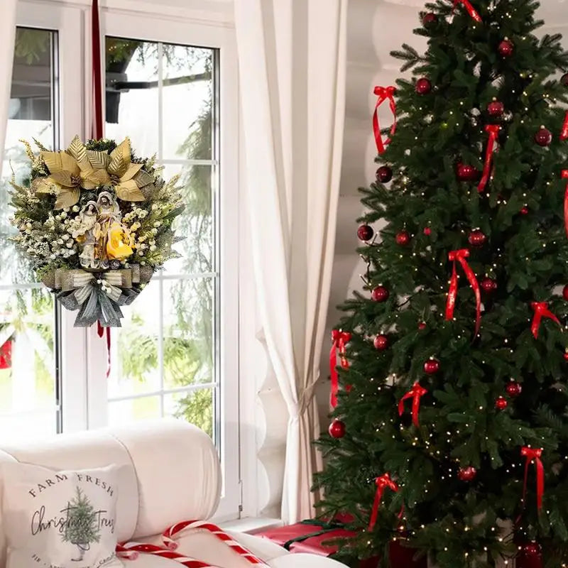 Grinalda iluminada de Natal com luzes, guirlanda do presépio, sagrada família, decoração de porta para casa, inverno, 40 cm, 45cm