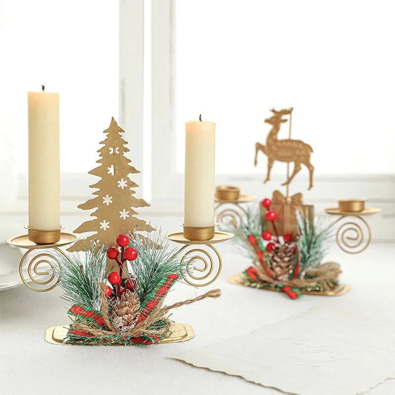 Castiçal de Ferro Dourado com Papai Noel e Rena Decoração Natal Lenogue